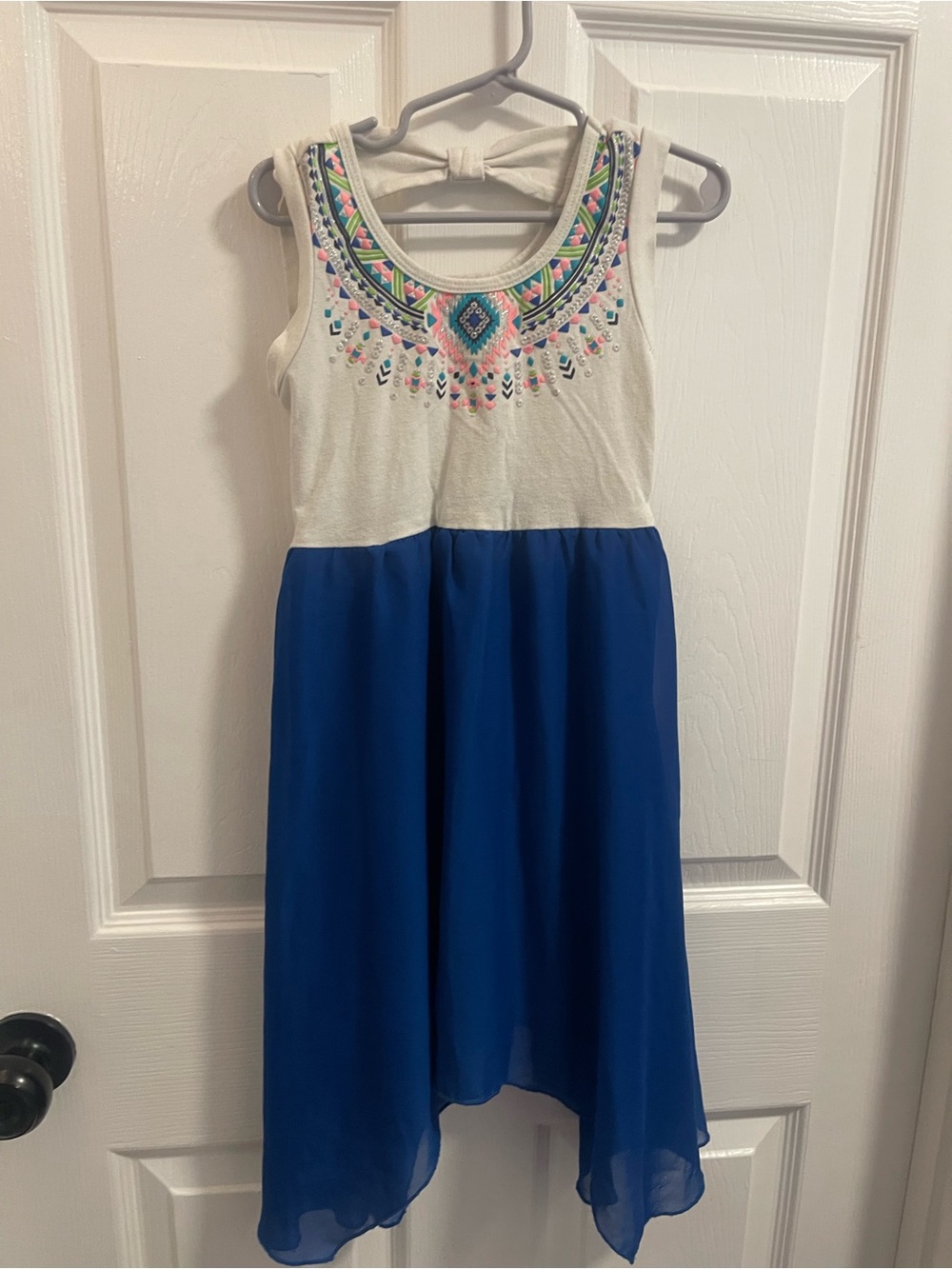 Girls Cream Embroidered Tank Dress with Royal Blue High-Low Skirt